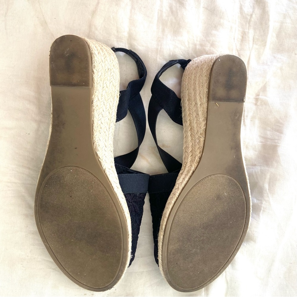 Cloud Walkers Black Round Toe Lace Elastic Slingback Espadrilles Wedge Sandals! - Picture 5 of 6